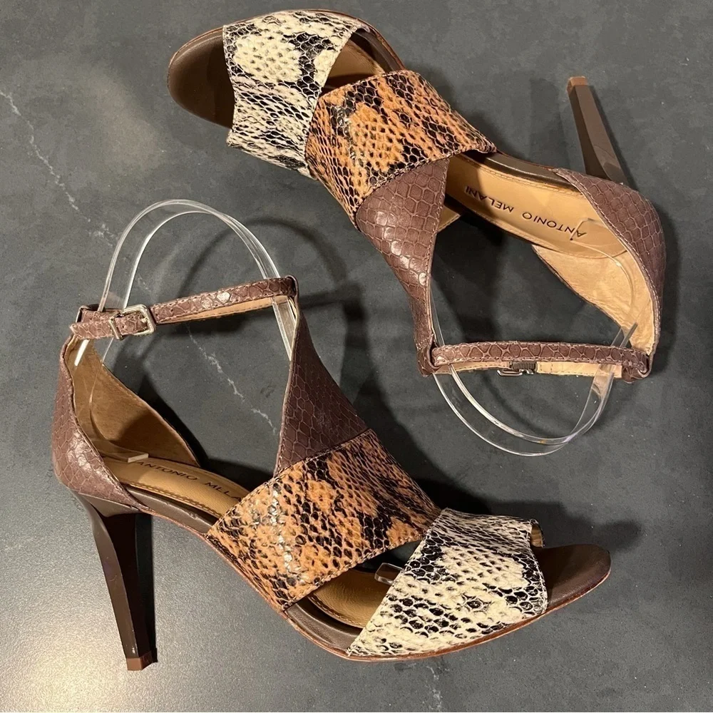 Antonio Melani sz 8 tri-color snakeprint leather high ankle strap heels
